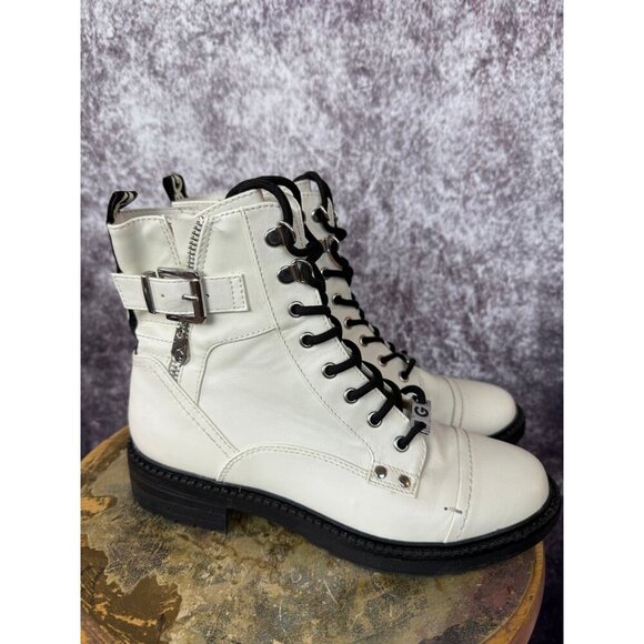 G by Guess White Boots Grace Combat Moto Ankle Buckled Side Zip Lace Up 7M - Picture 4 of 8